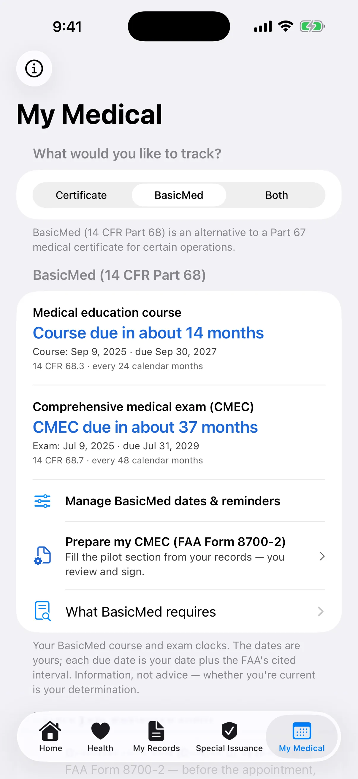 BasicMed screen showing the 24-month medical education course and 48-month comprehensive medical exam countdowns, each with its FAA citation