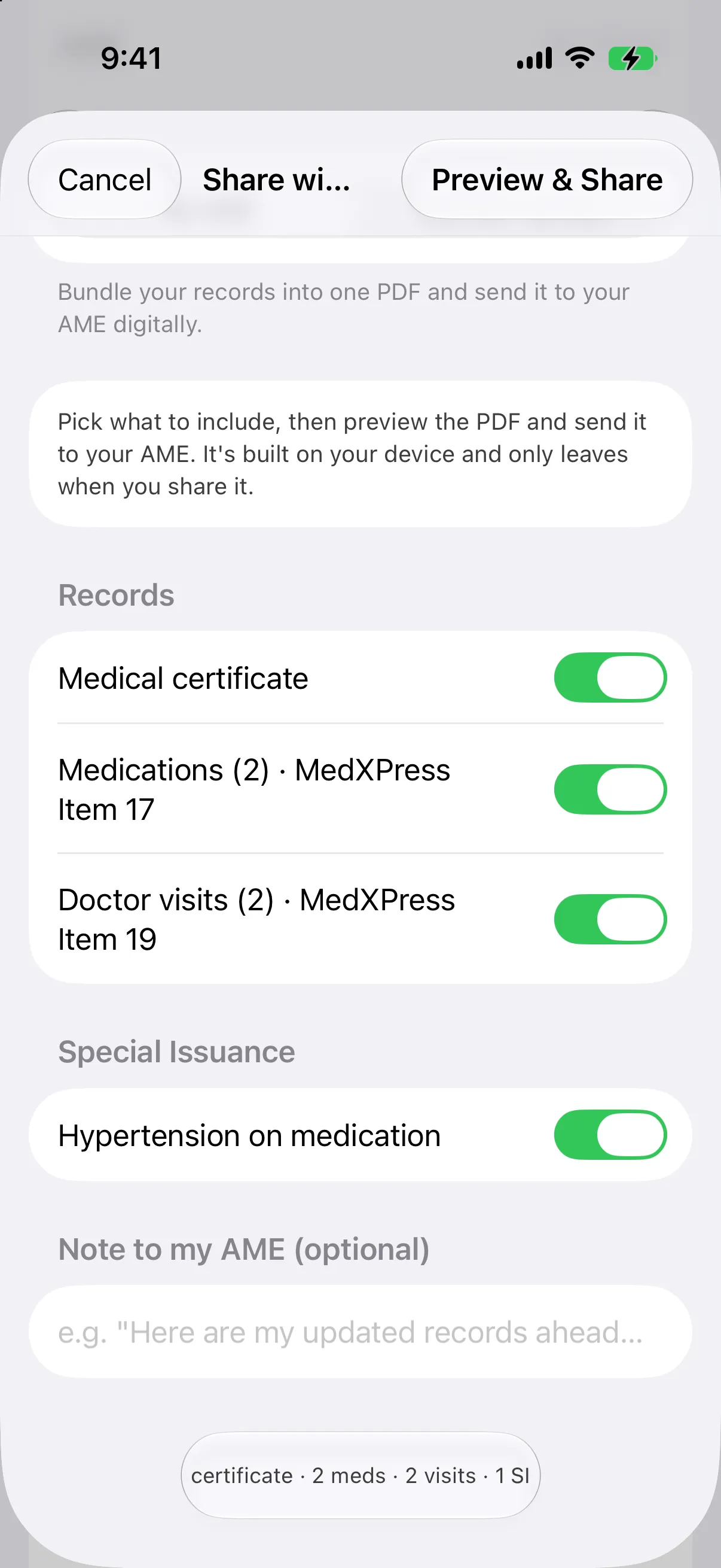 The Share-with-your-AME screen, choosing which records to bundle into one PDF