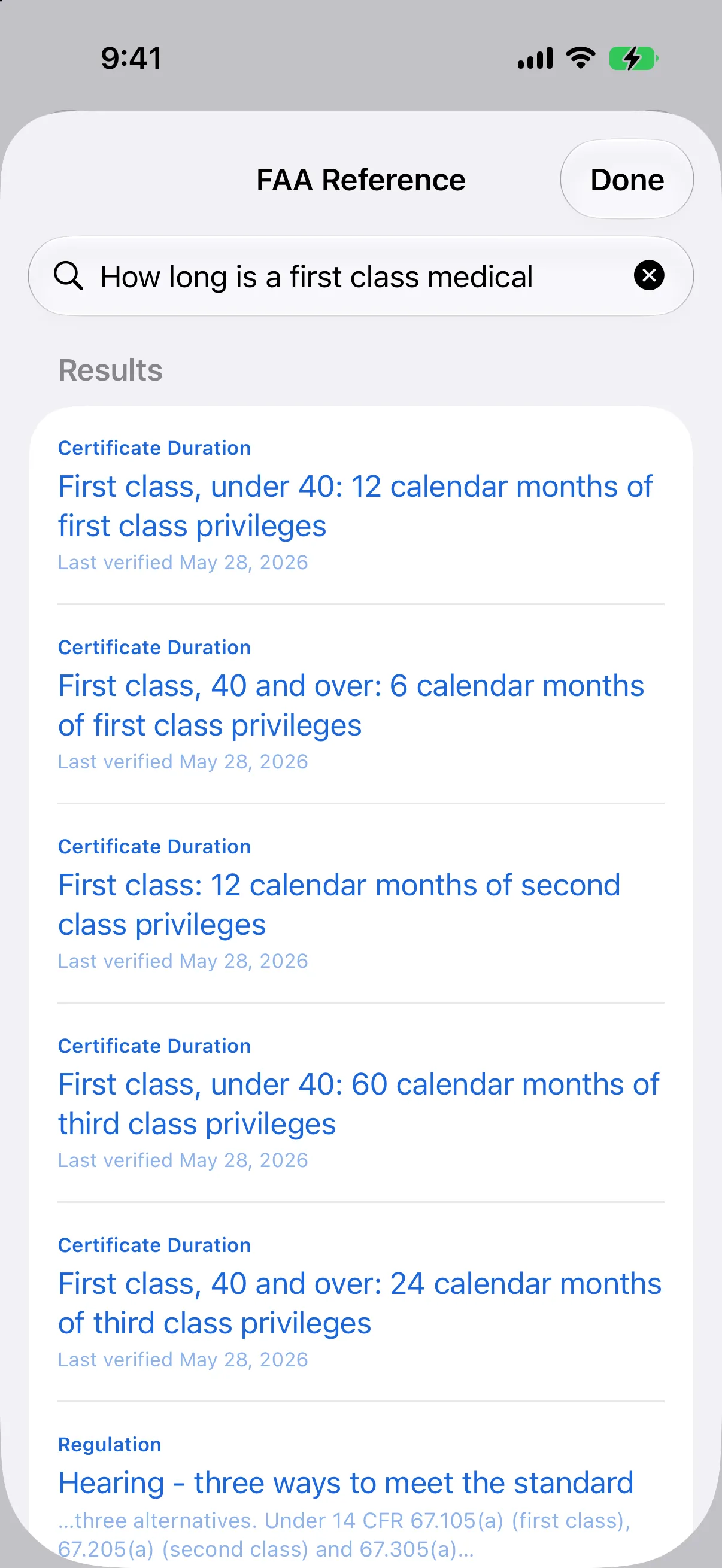 The FAA Reference search screen answering a plain-language question, with each result showing the FAA source it came from and the date it was last verified