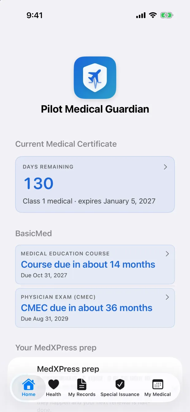Pilot Medical Guardian on an iPhone, showing the time until the medical certificate expires with BasicMed course and exam countdowns