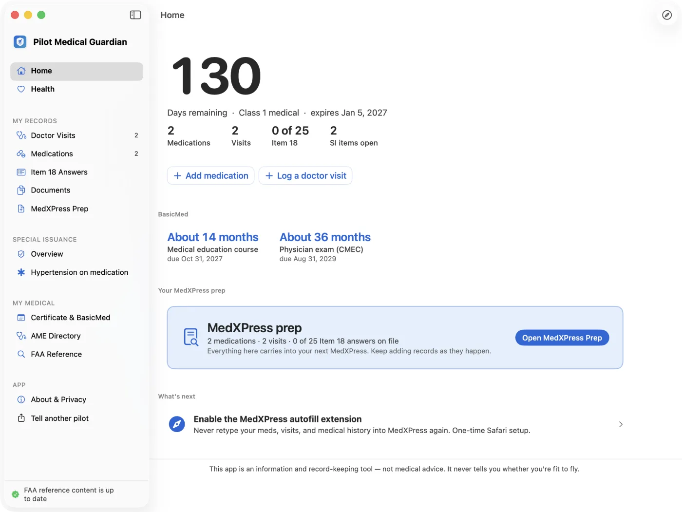 Pilot Medical Guardian on a Mac, showing the home screen with 130 days remaining on a Class 1 medical expiring January 5, 2027