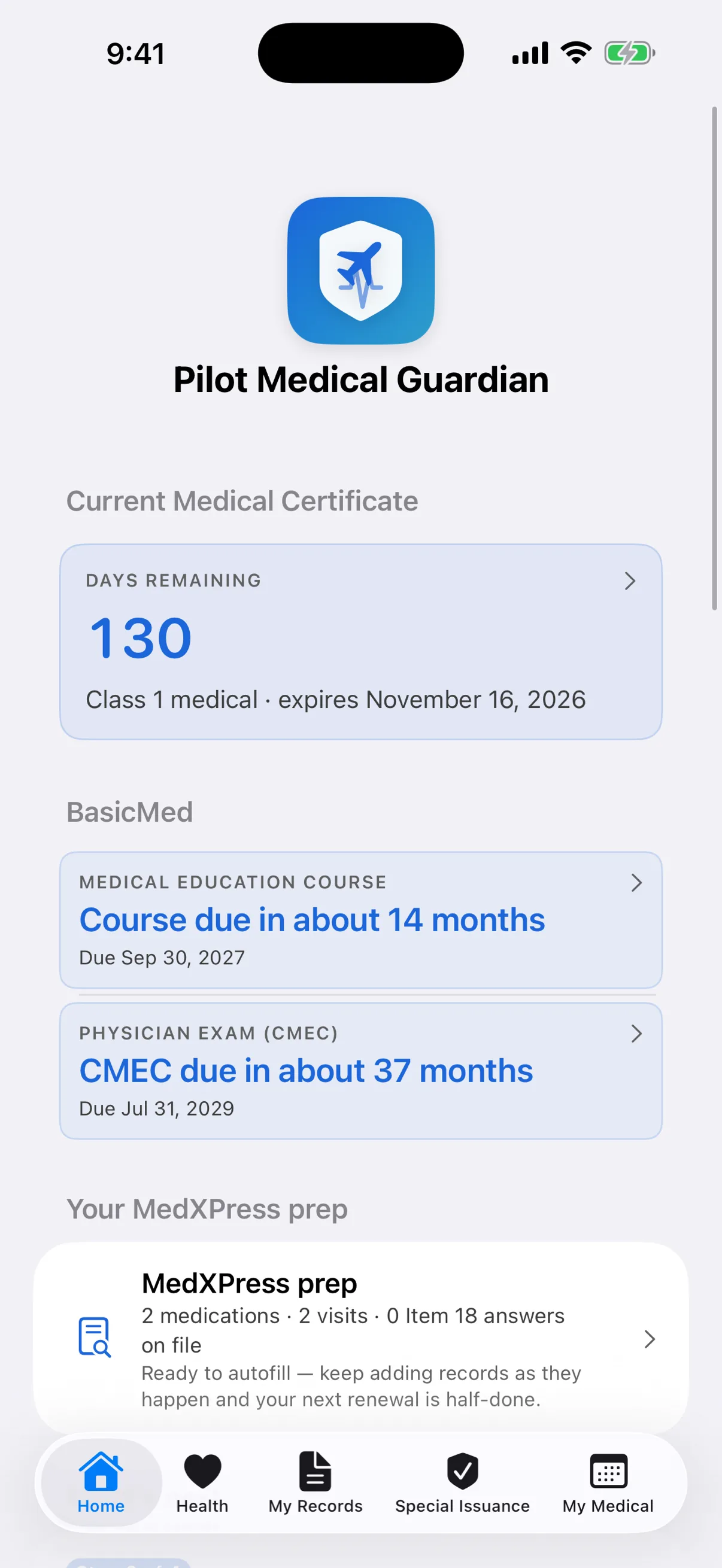 Pilot Medical Guardian home screen showing the time until the medical certificate expires, with BasicMed course and exam countdowns