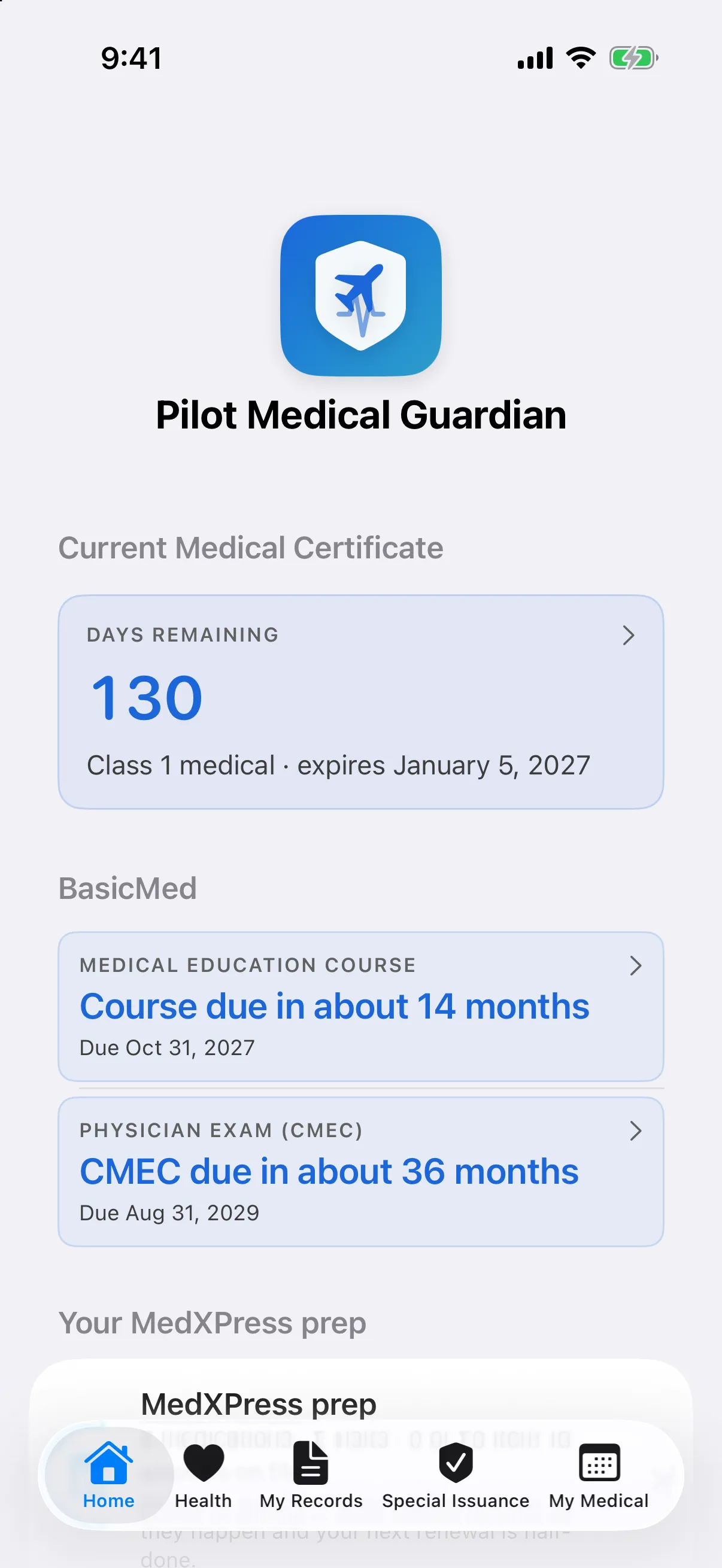Home screen showing the time until the medical certificate expires, with BasicMed course and exam countdowns