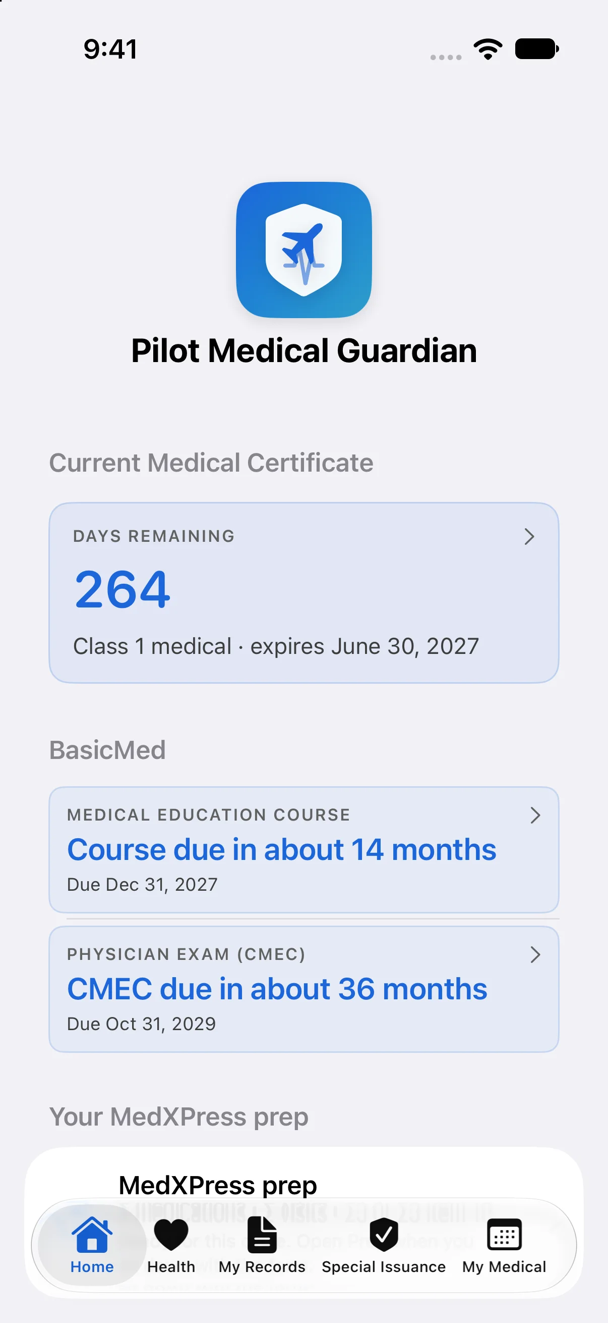 Home screen showing the time until the medical certificate expires, with BasicMed course and exam countdowns