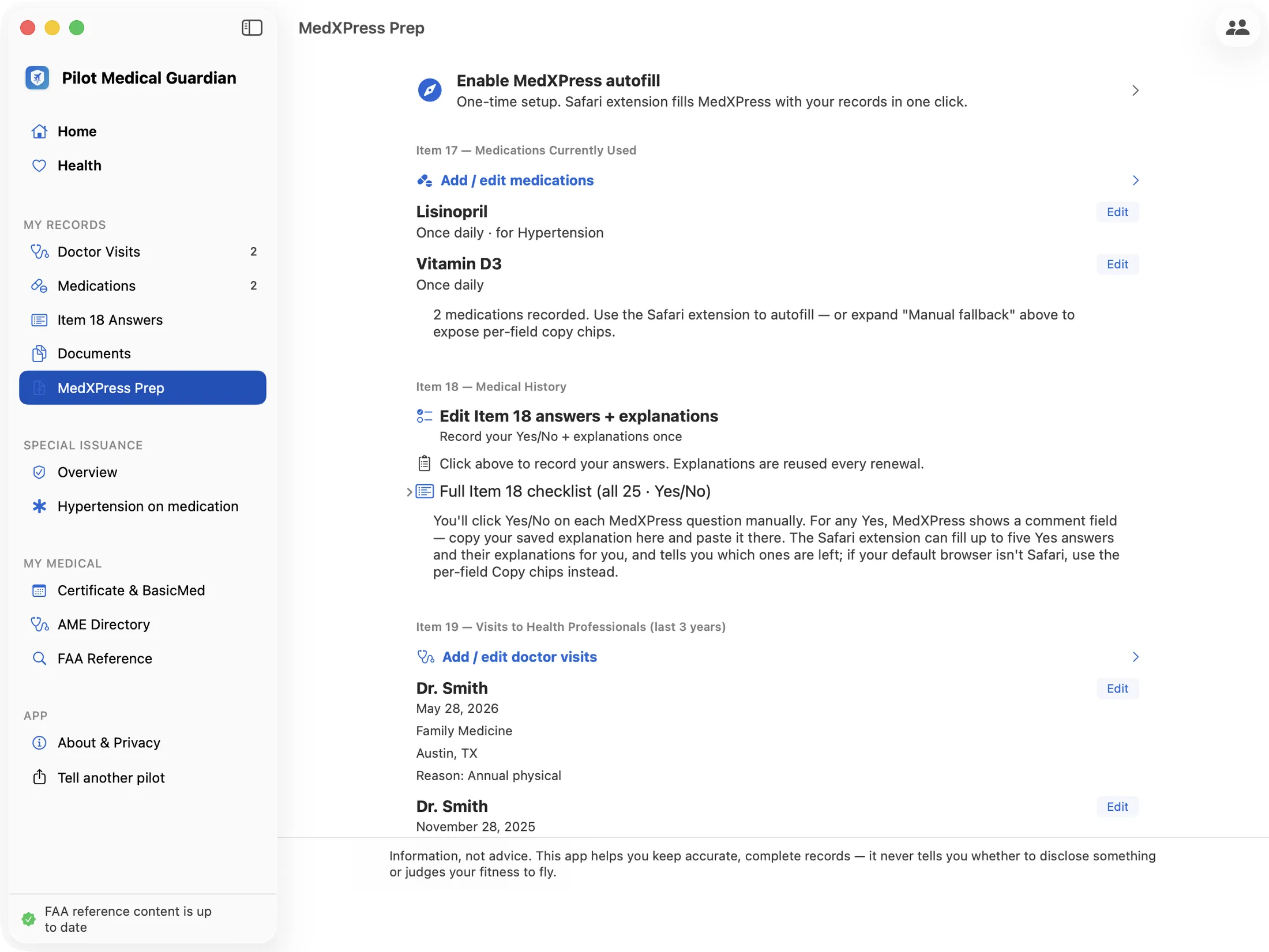 Pilot Medical Guardian on macOS showing the MedXPress Prep screen, with the sidebar at left, medications listed under Item 17 and doctor visits under Item 19
