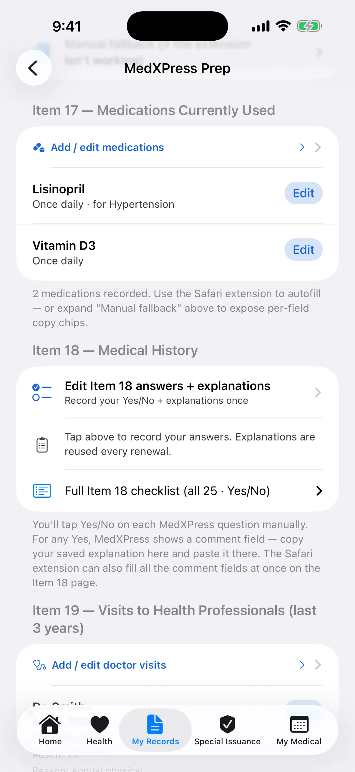 The in-app records screen with medications and doctor visits organized to match the FAA form
