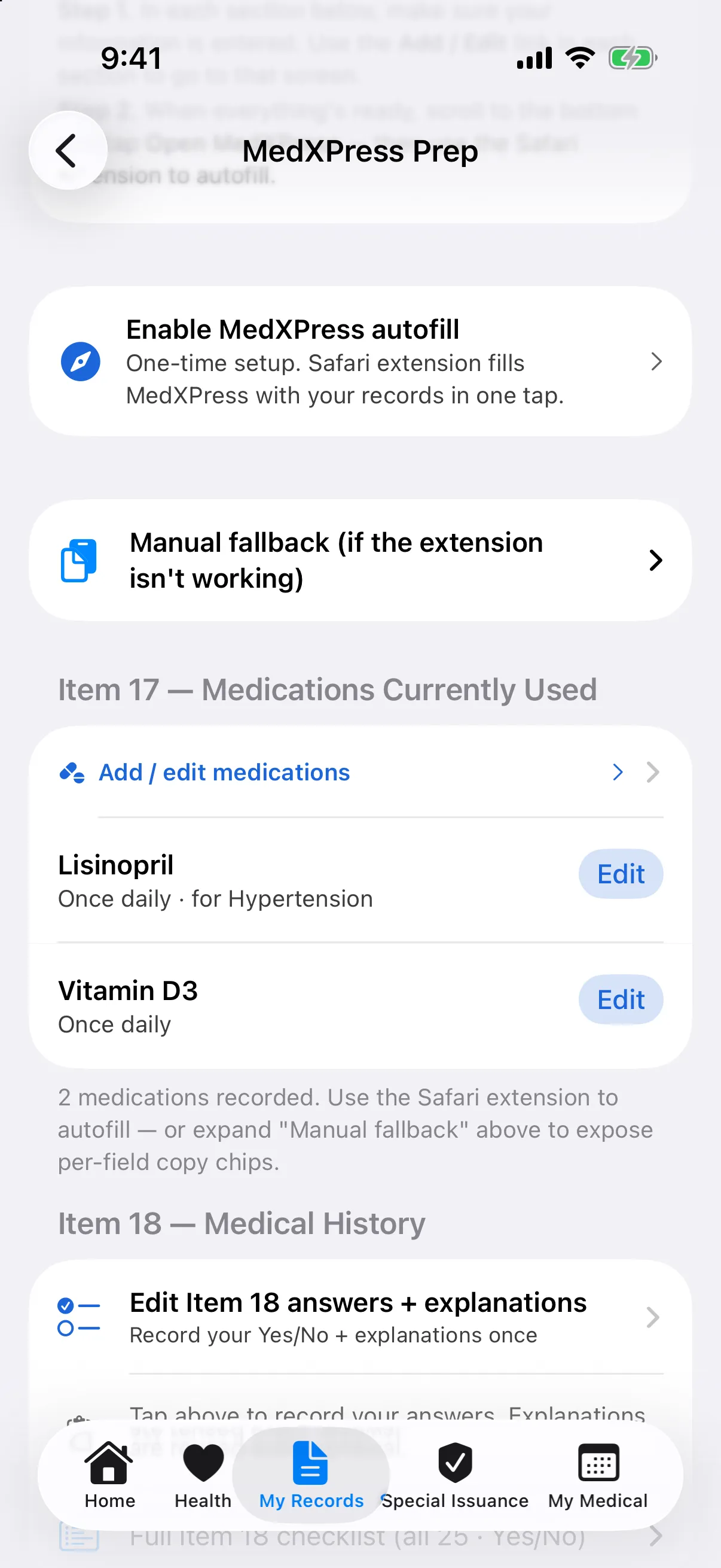 The in-app records screen with medications and doctor visits organized to match the FAA form