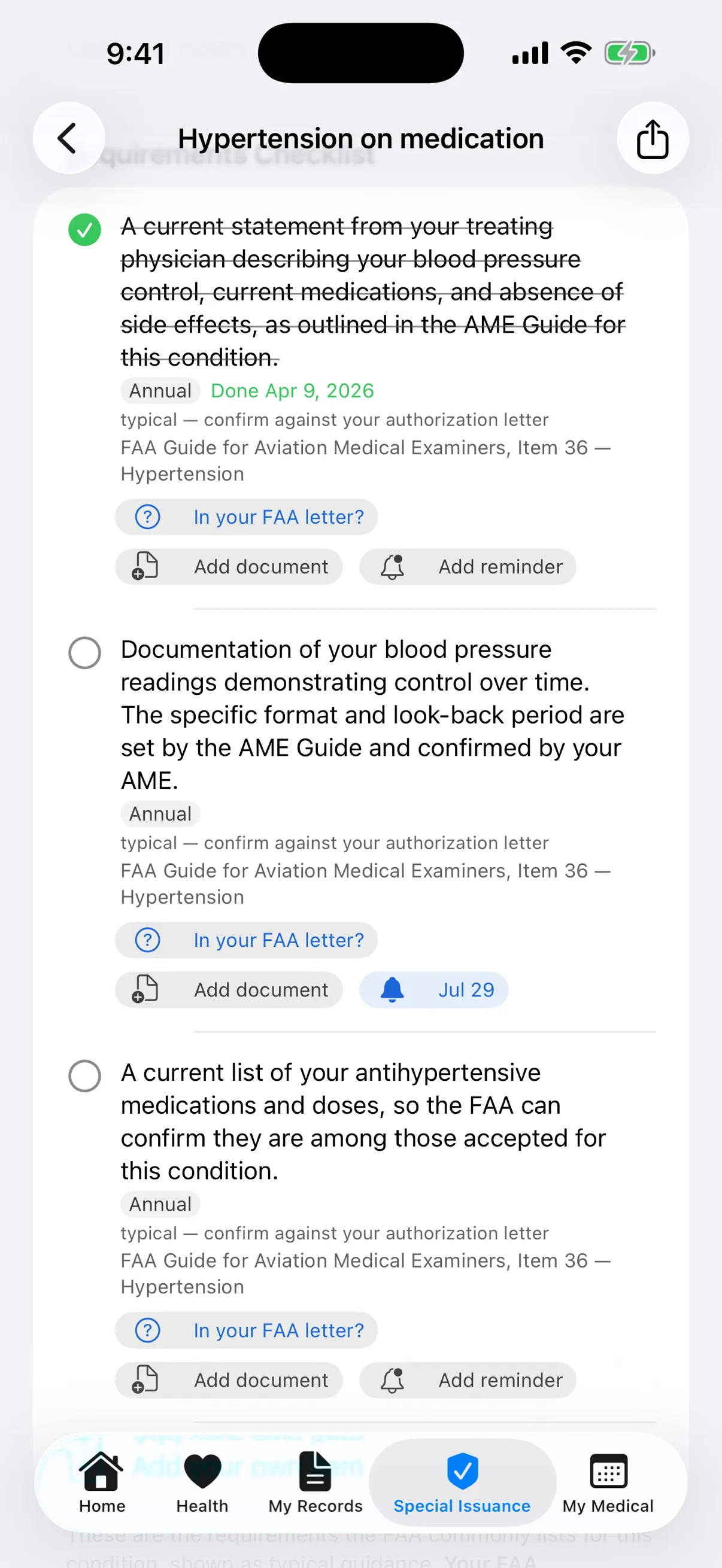 Special Issuance checklist with requirements and reminders