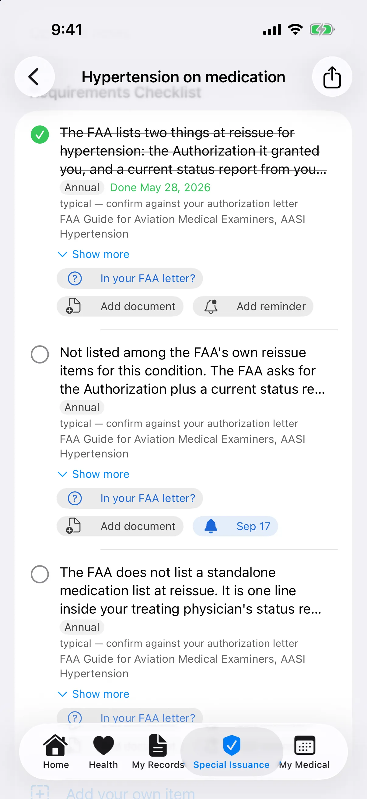 Special Issuance checklist with requirements and reminders
